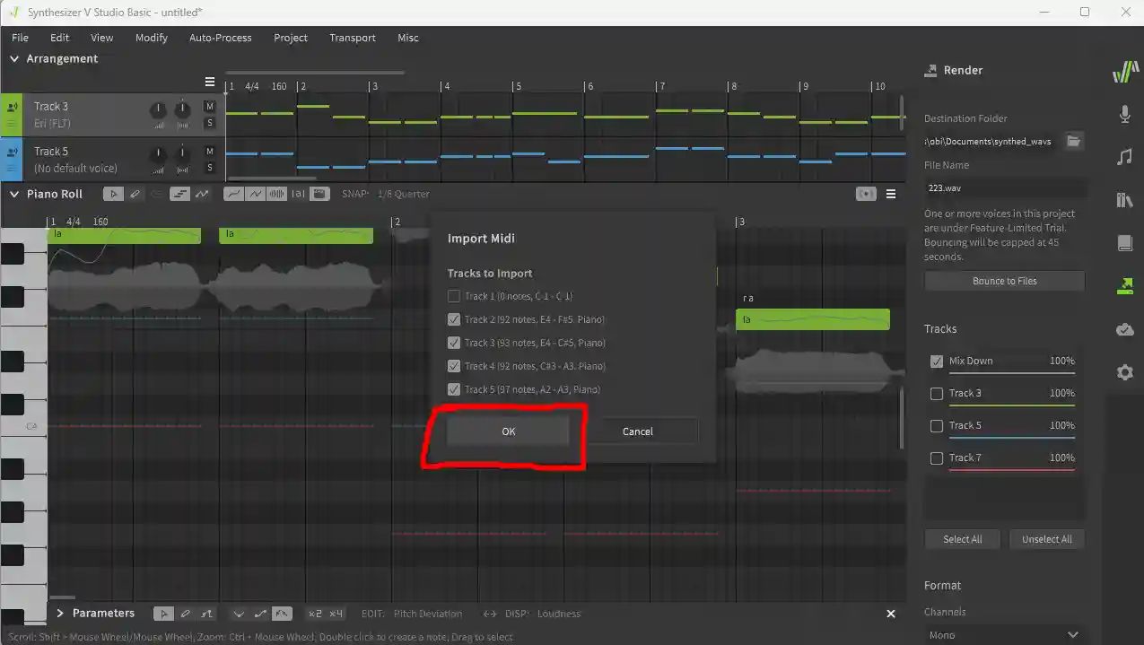 'Ok' button circled in 'Import Midi' box