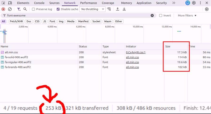 Inspector tab showing 17.3kb of css and 235.7kb worth of font data
