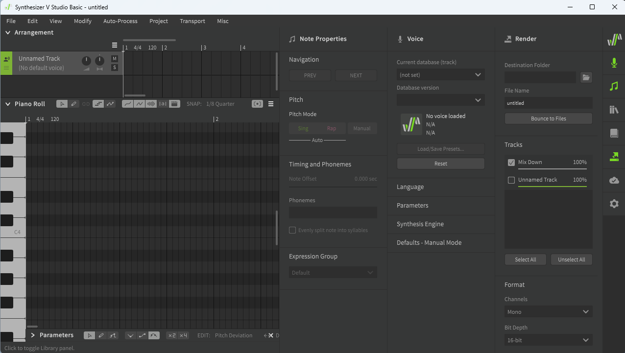Multiple SynthV tabs open like Render, Voice, and Noise Properties